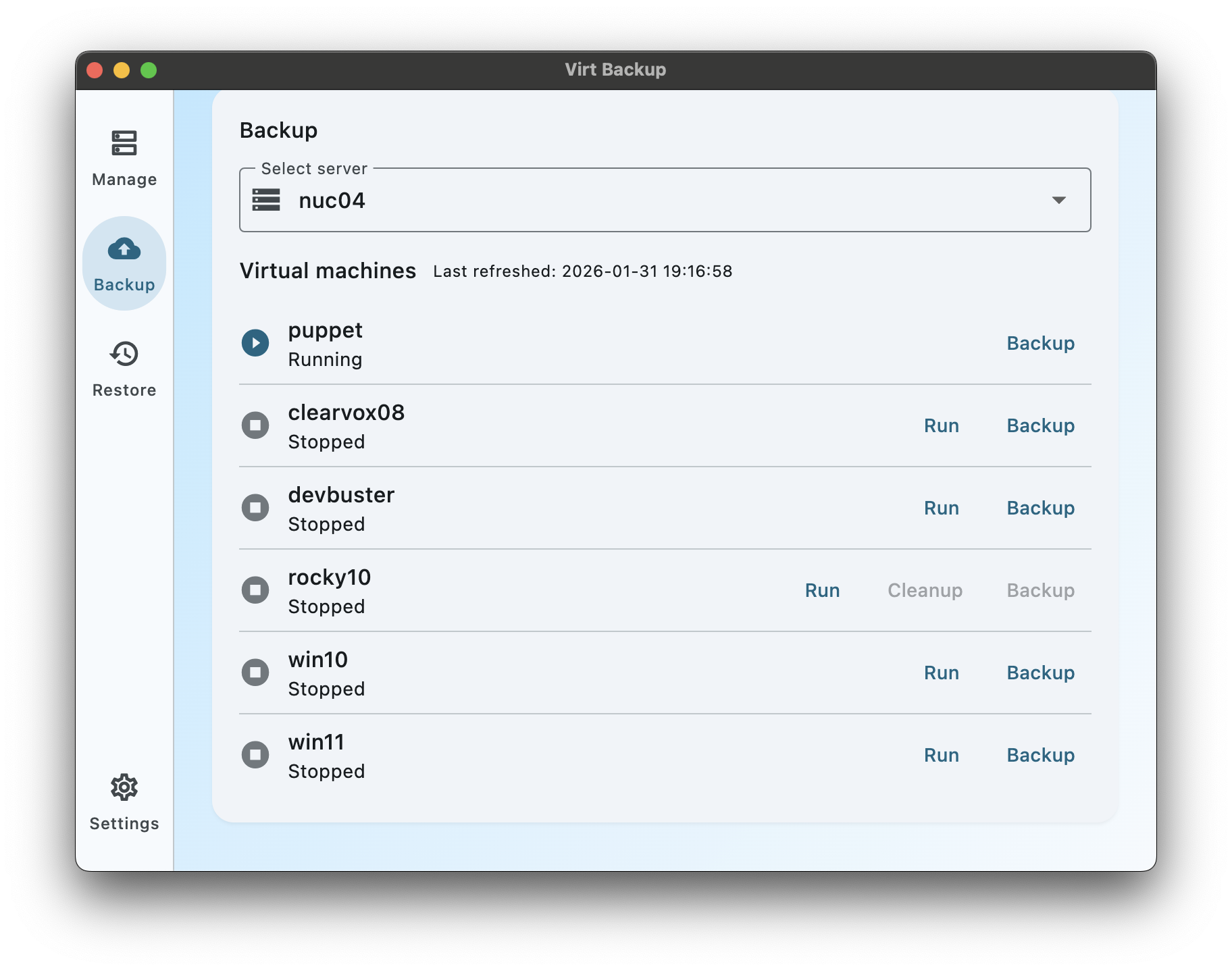 Backup screen listing virtual machines and backup actions.